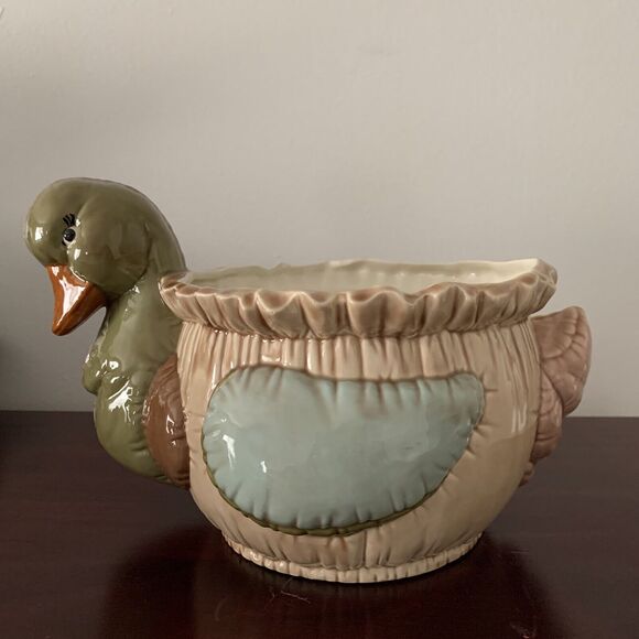 Vintage 1987 Duck/Goose Ceramic Planter Signed REHM Tan/Green/Orange 7" X 6" - Picture 3 of 12